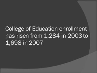 College of Education enrollment has risen from 1,284 in 2003 to 1,698 in 2007 