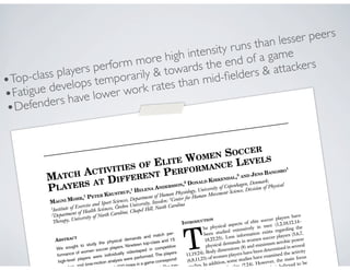 MATCH ACTIVITIES OF ELITE WOMEN SOCCER
PLAYERS AT DIFFERENT PERFORMANCE LEVELS
MAGNI MOHR,1
PETER KRUSTRUP,1
HELENA ANDERSSON,2
DONALD KIRKENDAL,3
AND JENS BANGSBO
1
1
Institute of Exercise and Sport Sciences, Department of Human Physiology, University of Copenhagen, Denmark;
2
Department of Health Sciences, O¨rebro University, Sweden; 3
Center for Human Movement Science, Division of Physical
Therapy, University of North Carolina, Chapel Hill, North Carolina
ABSTRACT
We sought to study the physical demands and match per-
formance of women soccer players. Nineteen top-class and 15
high-level players were individually videotaped in competitive
matches, and time-motion analysis were performed. The players
ity .1,300 times in a game correspond-
total. The top-
INTRODUCTION
T
he physical aspects of elite soccer players have
been studied extensively in men (1,2,10,12,14–
18,22,25). Less information exists regarding the
physical demands in women soccer players (5,6,7,
11,19,24). Body dimensions (8) and maximum aerobic power
(6,8,11,23) of women players have been determined in several
studies. In addition, some studies have examined the activity
atch play (2,24). However, the main focus
hich is believed to be
•Top-class players perform more high intensity runs than lesser peers
•Fatigue develops temporarily & towards the end of a game
•Defenders have lower work rates than mid-ﬁelders & attackers
 
