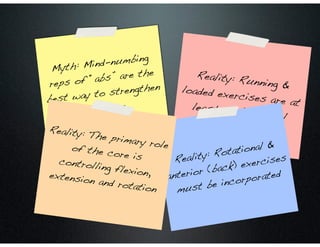 Myth: Mind-numbing
reps of “abs” are the
best way to strengthen
the core
Reality: Running &loaded exercises are atleast as beneficial
Reality: Rotational &
anterior (back) exercises
must be incorporated
Reality: The primary roleof the core iscontrolling flexion,extension and rotation
 
