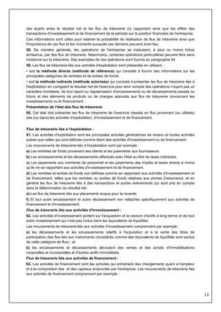 11
des écarts entre le résultat net et les flux de trésorerie s'y rapportant ainsi que les effets des
transactions d'investissement et de financement de la période sur la position financière de l'entreprise.
Ces informations sont utiles pour estimer la probabilité de réalisation de flux de trésorerie ainsi que
l'importance de ces flux et les moments auxquels ces derniers peuvent avoir lieu.
58. De manière générale, les opérations de l'entreprise se traduisent, à plus ou moins brève
échéance, par des flux de trésorerie. Néanmoins, certaines opérations particulières peuvent être sans
incidence sur la trésorerie. Des exemples de ces opérations sont fournis au paragraphe 64.
59. Les flux de trésorerie liés aux activités d'exploitation sont présentés en utilisant :
• soit la méthode directe (méthode de référence) qui consiste à fournir des informations sur les
principales catégories de rentrées et de sorties de fonds,
• soit la méthode indirecte (méthode autorisée) qui consiste à présenter les flux de trésorerie liés à
l'exploitation en corrigeant le résultat net de l'exercice pour tenir compte des opérations n'ayant pas un
caractère monétaire, de tout report ou régularisation d'encaissements ou de décaissements passés ou
futurs et des éléments de produits ou de charges associés aux flux de trésorerie concernant les
investissements ou le financement.
Présentation de l'état des flux de trésorerie
60. Cet état doit présenter les flux de trésorerie de l'exercice classés en flux provenant (ou utilisés)
des (ou dans) les activités d'exploitation, d'investissement et de financement.
Flux de trésorerie liés à l'exploitation :
61. Les activités d'exploitation sont les principales activités génératrices de revenu et toutes activités
autres que celles qui sont définies comme étant des activités d'investissement ou de financement.
Les mouvements de trésorerie liés à l'exploitation sont par exemple :
a) Les rentrées de fonds provenant des clients et les paiements aux fournisseurs.
b) Les encaissements et les décaissements effectués avec l'état au titre de taxes indirectes.
c) Les payements aux membres de personnel et les payements des impôts et taxes directs à moins
qu'ils ne se rapportent aux activités d'investissement et de financement.
d) Les rentrées et sorties de fonds non définies comme se rapportant aux activités d'investissement et
de financement, telles que les rentrées ou sorties de fonds relatives aux primes d'assurance, et en
général les flux de trésorerie liés à des transactions et autres événements qui sont pris en compte
dans la détermination du résultat net.
e) Les flux de trésorerie liés aux placements acquis pour la revente.
f) Et tout autre encaissement et autre décaissement non rattachés spécifiquement aux activités de
financement et d'investissement.
Flux de trésorerie liés aux activités d'investissement :
62. Les activités d'investissement portent sur l'acquisition et la cession d'actifs à long terme et de tout
autre investissement qui n'est pas inclus dans les équivalents de liquidités.
Les mouvements de trésorerie liés aux activités d'investissement comprennent par exemple :
a) les décaissements et les encaissements relatifs à l'acquisition et à la vente des titres de
participation (les flux liés aux instruments considérés comme des équivalents de liquidités sont exclus
de cette catégorie de flux) ; et
b) les encaissements et décaissements découlant des ventes et des achats d'immobilisations
corporelles et incorporelles et d'autres actifs immobilisés.
Flux de trésorerie liés aux activités de financement :
63. Les activités de financement sont les activités qui entraînent des changements quant à l'ampleur
et à la composition des et des capitaux empruntés par l'entreprise. Les mouvements de trésorerie liés
aux activités de financement comprennent par exemple :
 