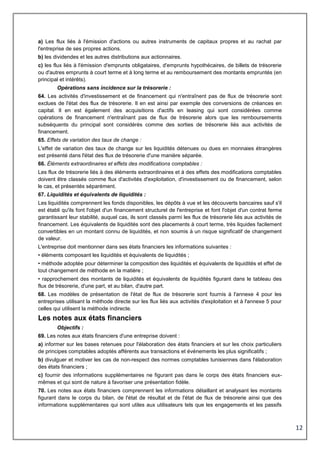 12
a) Les flux liés à l'émission d'actions ou autres instruments de capitaux propres et au rachat par
l'entreprise de ses propres actions.
b) les dividendes et les autres distributions aux actionnaires.
c) les flux liés à l'émission d'emprunts obligataires, d'emprunts hypothécaires, de billets de trésorerie
ou d'autres emprunts à court terme et à long terme et au remboursement des montants empruntés (en
principal et intérêts).
Opérations sans incidence sur la trésorerie :
64. Les activités d'investissement et de financement qui n'entraînent pas de flux de trésorerie sont
exclues de l'état des flux de trésorerie. Il en est ainsi par exemple des conversions de créances en
capital. Il en est également des acquisitions d'actifs en leasing qui sont considérées comme
opérations de financement n'entraînant pas de flux de trésorerie alors que les remboursements
subséquents du principal sont considérés comme des sorties de trésorerie liés aux activités de
financement.
65. Effets de variation des taux de change :
L'effet de variation des taux de change sur les liquidités détenues ou dues en monnaies étrangères
est présenté dans l'état des flux de trésorerie d'une manière séparée.
66. Éléments extraordinaires et effets des modifications comptables :
Les flux de trésorerie liés à des éléments extraordinaires et à des effets des modifications comptables
doivent être classés comme flux d'activités d'exploitation, d'investissement ou de financement, selon
le cas, et présentés séparément.
67. Liquidités et équivalents de liquidités :
Les liquidités comprennent les fonds disponibles, les dépôts à vue et les découverts bancaires sauf s'il
est établi qu'ils font l'objet d'un financement structurel de l'entreprise et font l'objet d'un contrat ferme
garantissant leur stabilité, auquel cas, ils sont classés parmi les flux de trésorerie liés aux activités de
financement. Les équivalents de liquidités sont des placements à court terme, très liquides facilement
convertibles en un montant connu de liquidités, et non soumis à un risque significatif de changement
de valeur.
L'entreprise doit mentionner dans ses états financiers les informations suivantes :
• éléments composant les liquidités et équivalents de liquidités ;
• méthode adoptée pour déterminer la composition des liquidités et équivalents de liquidités et effet de
tout changement de méthode en la matière ;
• rapprochement des montants de liquidités et équivalents de liquidités figurant dans le tableau des
flux de trésorerie, d'une part, et au bilan, d'autre part.
68. Les modèles de présentation de l'état de flux de trésorerie sont fournis à l'annexe 4 pour les
entreprises utilisant la méthode directe sur les flux liés aux activités d'exploitation et à l'annexe 5 pour
celles qui utilisent la méthode indirecte.
Les notes aux états financiers
Objectifs :
69. Les notes aux états financiers d'une entreprise doivent :
a) informer sur les bases retenues pour l'élaboration des états financiers et sur les choix particuliers
de principes comptables adoptés afférents aux transactions et événements les plus significatifs ;
b) divulguer et motiver les cas de non-respect des normes comptables tunisiennes dans l'élaboration
des états financiers ;
c) fournir des informations supplémentaires ne figurant pas dans le corps des états financiers eux-
mêmes et qui sont de nature à favoriser une présentation fidèle.
70. Les notes aux états financiers comprennent les informations détaillant et analysant les montants
figurant dans le corps du bilan, de l'état de résultat et de l'état de flux de trésorerie ainsi que des
informations supplémentaires qui sont utiles aux utilisateurs tels que les engagements et les passifs
 