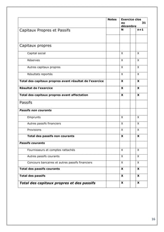 16
Notes Exercice clos
au 31
décembre
Capitaux Propres et Passifs N n+1
Capitaux propres
Capital social X X
Réserves X X
Autres capitaux propres X X
Résultats reportés X X
Total des capitaux propres avant résultat de l’exercice X X
Résultat de l’exercice X X
Total des capitaux propres avant affectation X X
Passifs
Passifs non courants
Emprunts X X
Autres passifs financiers X X
Provisions X X
Total des passifs non courants X X
Passifs courants
Fournisseurs et comptes rattachés X X
Autres passifs courants X X
Concours bancaires et autres passifs financiers X X
Total des passifs courants X X
Total des passifs X X
Total des capitaux propres et des passifs X X
 