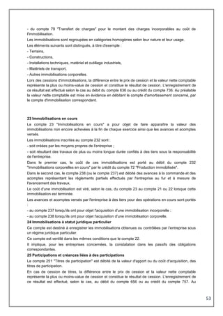 53
- du compte 79 "Transfert de charges" pour le montant des charges incorporables au coût de
l'immobilisation.
Les immobilisations sont regroupées en catégories homogènes selon leur nature et leur usage.
Les éléments suivants sont distingués, à titre d'exemple :
- Terrains,
- Constructions,
- Installations techniques, matériel et outillage industriels,
- Matériels de transport,
- Autres immobilisations corporelles.
Lors des cessions d'immobilisations, la différence entre le prix de cession et la valeur nette comptable
représente la plus ou moins-value de cession et constitue le résultat de cession. L'enregistrement de
ce résultat est effectué selon le cas au débit du compte 636 ou au crédit du compte 736. Au préalable
la valeur nette comptable est mise en évidence en débitant le compte d'amortissement concerné, par
le compte d'immobilisation correspondant.
23 Immobilisations en cours
Le compte 23 "Immobilisations en cours" a pour objet de faire apparaître la valeur des
immobilisations non encore achevées à la fin de chaque exercice ainsi que les avances et acomptes
versés.
Les immobilisations inscrites au compte 232 sont :
- soit créées par les moyens propres de l'entreprise ;
- soit résultant des travaux de plus ou moins longue durée confiés à des tiers sous la responsabilité
de l'entreprise.
Dans le premier cas, le coût de ces immobilisations est porté au débit du compte 232
"Immobilisations corporelles en cours" par le crédit du compte 72 "Production immobilisée".
Dans le second cas, le compte 238 (ou le compte 237) est débité des avances à la commande et des
acomptes représentant les règlements partiels effectués par l'entreprise au fur et à mesure de
l'avancement des travaux.
Le coût d'une immobilisation est viré, selon le cas, du compte 23 au compte 21 ou 22 lorsque cette
immobilisation est terminée.
Les avances et acomptes versés par l'entreprise à des tiers pour des opérations en cours sont portés
:
- au compte 237 lorsqu'ils ont pour objet l'acquisition d'une immobilisation incorporelle ;
- au compte 238 lorsqu'ils ont pour objet l'acquisition d'une immobilisation corporelle.
24 Immobilisations à statut juridique particulier
Ce compte est destiné à enregistrer les immobilisations obtenues ou contrôlées par l'entreprise sous
un régime juridique particulier.
Ce compte est ventilé dans les mêmes conditions que le compte 22.
Il implique, pour les entreprises concernées, la constatation dans les passifs des obligations
correspondantes.
25 Participations et créances liées à des participations
Le compte 251 "Titres de participation" est débité de la valeur d'apport ou du coût d'acquisition, des
titres de participation.
En cas de cession de titres, la différence entre le prix de cession et la valeur nette comptable
représente la plus ou moins-value de cession et constitue le résultat de cession. L'enregistrement de
ce résultat est effectué, selon le cas, au débit du compte 656 ou au crédit du compte 757. Au
 