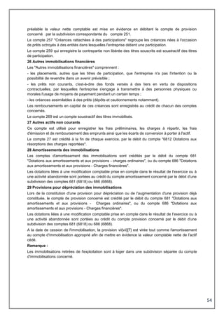 54
préalable la valeur nette comptable est mise en évidence en débitant le compte de provision
concerné par la subdivision correspondante du compte 251.
Le compte 257 "Créances rattachées à des participations" regroupe les créances nées à l'occasion
de prêts octroyés à des entités dans lesquelles l'entreprise détient une participation.
Le compte 259 qui enregistre la contrepartie non libérée des titres souscrits est soustractif des titres
de participation.
26 Autres immobilisations financières
Les "Autres immobilisations financières" comprennent :
- les placements, autres que les titres de participation, que l'entreprise n'a pas l'intention ou la
possibilité de revendre dans un avenir prévisible ;
- les prêts non courants, c'est-à-dire des fonds versés à des tiers en vertu de dispositions
contractuelles, par lesquelles l'entreprise s'engage à transmettre à des personnes physiques ou
morales l'usage de moyens de payement pendant un certain temps ;
- les créances assimilables à des prêts (dépôts et cautionnements notamment).
Les remboursements en capital de ces créances sont enregistrés au crédit de chacun des comptes
concernés.
Le compte 269 est un compte soustractif des titres immobilisés.
27 Autres actifs non courants
Ce compte est utilisé pour enregistrer les frais préliminaires, les charges à répartir, les frais
d'émission et de remboursement des emprunts ainsi que les écarts de conversion à porter à l'actif.
Le compte 27 est crédité à la fin de chaque exercice, par le débit du compte "6812 Dotations aux
résorptions des charges reportées".
28 Amortissements des immobilisations
Les comptes d'amortissement des immobilisations sont crédités par le débit du compte 681
"Dotations aux amortissements et aux provisions - charges ordinaires", ou du compte 686 "Dotations
aux amortissements et aux provisions - Charges financières".
Les dotations liées à une modification comptable prise en compte dans le résultat de l'exercice ou à
une activité abandonnée sont portées au crédit du compte amortissement concerné par le débit d'une
subdivision des comptes 681 (6818) ou 686 (6868).
29 Provisions pour dépréciation des immobilisations
Lors de la constitution d'une provision pour dépréciation ou de l'augmentation d'une provision déjà
constituée, le compte de provision concerné est crédité par le débit du compte 681 "Dotations aux
amortissements et aux provisions - Charges ordinaires", ou du compte 686 "Dotations aux
amortissements et aux provisions - Charges financières".
Les dotations liées à une modification comptable prise en compte dans le résultat de l'exercice ou à
une activité abandonnée sont portées au crédit du compte provision concerné par le débit d'une
subdivision des comptes 681 (6818) ou 686 (6868).
A la date de cession de l'immobilisation, la provision vii[vii][7] est virée tout comme l'amortissement
au compte d'immobilisation approprié afin de mettre en évidence la valeur comptable nette de l'actif
cédé.
Remarque :
Les immobilisations retirées de l'exploitation sont à loger dans une subdivision séparée du compte
d'immobilisations concerné.
 