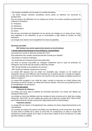 63
- les charges considérées comme pertes sur activités financières,
- les autres charges ordinaires considérées comme pertes sur éléments non récurrents ou
exceptionnels.
Pour les besoins de l'affectation de ces charges par fonction, les racines suivantes pourraient être
créées pour l'entreprise :
01. Production,
02. Distribution,
03. Administration,
04. Autres.
Ne sont pas concernées par l'application de ces racines, les charges qui, en raison de leur nature,
sont rattachées à une destination et que la nomenclature a déjà classé en fonction de cette
destination.
Les charges de la classe 6 sont enregistrées hors taxes récupérables.
60 Achats (sauf 603)
603 Variation des stocks (approvisionnements et marchandises)
I. Achats (approvisionnements et sous-traitances, marchandises)
Les achats sont inscrits au débit des comptes 601 à 607.
Des subdivisions des comptes d'achat peuvent être ouvertes pour identifier :
- les achats en Tunisie et à l'étranger ;
- les achats faits par l'entreprise auprès des parties liées.
Les biens et services sous-traités qui s'intègrent directement dans le cycle de production de
l'entreprise, sont inscrits dans les achats au débit des comptes :
- 604 "Achats d'études et de prestations de services" ;
- 605 "Achats de matériels, équipements et travaux".
Le compte 606 regroupe tous les achats non stockables (eau, énergie) ou non stockés par
l'entreprise, tels que ceux afférents à des fournitures qui ne passent pas par un compte de magasin,
et dont les existants neufs, en fin d'exercice, sont inscrits en tant que charges constatées d'avance au
débit du compte 471.
Le compte 609 enregistre à son crédit les rabais, remises et ristournes sur achats obtenus des
fournisseurs et dont le montant, non déduit des factures d'achats, n'est connu que postérieurement à
la comptabilisation de ces factures.
II. Variation des stocks
Traitement de référence :
Les stocks sont tenus selon le système de l'inventaire permanent. Les achats sont débités aux
comptes 601/602 et 607.
Les entrées en stock sont débitées dans les comptes de stock concerné par le crédit des comptes
Achats 601, 602 et 607. Ils sont crédités des sorties par le débit des comptes 6031, 6032 et 6037
dont l'intitulé deviendra "Achats consommés" (Approvisionnement et marchandises).
Traitement autorisé :
Le compte 603 est réservé à l'enregistrement des variations de stocks d'approvisionnements et de
marchandises.
Ces comptes de variation des stocks sont débités, pour les éléments qui les concernent, de la valeur
du stock initial et crédités de la valeur du stock final. En conséquence, le solde du compte 603
représente la variation globale de la valeur du stock entre le début et la fin de l'exercice. Ce solde
peut être créditeur ou débiteur.
 