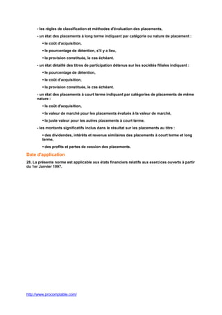 http://www.procomptable.com/
- les règles de classification et méthodes d'évaluation des placements,
- un état des placements à long terme indiquant par catégorie ou nature de placement :
• le coût d'acquisition,
• le pourcentage de détention, s'il y a lieu,
• la provision constituée, le cas échéant.
- un état détaillé des titres de participation détenus sur les sociétés filiales indiquant :
• le pourcentage de détention,
• le coût d'acquisition,
• la provision constituée, le cas échéant.
- un état des placements à court terme indiquant par catégories de placements de même
nature :
• le coût d'acquisition,
• la valeur de marché pour les placements évalués à la valeur de marché,
• la juste valeur pour les autres placements à court terme.
- les montants significatifs inclus dans le résultat sur les placements au titre :
• des dividendes, intérêts et revenus similaires des placements à court terme et long
terme,
• des profits et pertes de cession des placements.
Date d'application
28. La présente norme est applicable aux états financiers relatifs aux exercices ouverts à partir
du 1er Janvier 1997.
 