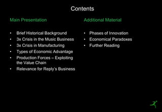 3
Main Presentation
• Brief Historical Background
• 3x Crisis in the Music Business
• 3x Crisis in Manufacturing
• Types o...