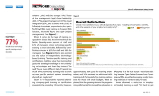 reports
networkcomputing.com
77%of staff chose technology-
specific training as most
desirable.
FAST FACT
Previous Next
Previous Next
DownloadDownload
RegisterRegister
SubscribeSubscribe
Previous Next
Previous Next
at the management level chose leadership
skills (37%), project management (31%), cloud
integration (30%), and business skills (21%). In
follow-up interviews, respondents also speci-
fied they’d like more training in Amazon Web
Services, Microsoft Azure, and agile project
management. (See Figure 7.)
When it comes to the type of training re-
spondents would like, the more technical the
better. Seventy-seven percent of staff and
63% of managers chose technology-specific
training as most desirable, followed by certi-
fication courses at 61% for staff and 34% for
managers. (See Figure 6.) Harris also pointed
out the value of independent, technology-
based training. “Vendor-specific training and
certifications hold less value than training that
gives me working knowledge of the underly-
ing technologies and how they interact,” he
said.“I wear many different hats. If I spend too
much time and money learning how to work
on one specific vendor’s system, something
else will get neglected.”
Seven in 10 respondents reported attend-
ing company-paid training or certification
courses in the preceding 12 months. However,
approximately 30% paid for training them-
selves, and 30% received no additional skills
training at all. Fortunately, free training options
exist for those will small budgets. West ex-
plained that the growing demand for program-
ming skills has led him to seek free education in
that area. “It is for that reason I have been tak-
ing Massive Open Online Courses from Cours-
era and EDx, as well as leveraging vendor train-
ing webinars or hands-on labs,”he said.
Jones observed a reduction in employ-
er-funded training as well. “It’s hard to get
companies to foot the bill for training and
reports
Overall Satisfaction
Overall, how satisﬁed are you with all aspects of your job, including compensation, beneﬁts,
and other aspects of your employment relationship?
Base: 248 staff and 202 managers
Data: InformationWeek 2016 US IT Salary Survey of 450 networking and data center management professionals, April 2016
Very satisﬁed
Satisﬁed
Neutral
Dissatisﬁed
Very dissatisﬁed
ManagementStaff
23%23%
16%16%
19%19%
52%52%
21%21%
7%7%
1%1%
45%45%
25%25%
12%12%
3%3%
Figure 8
2016 IT Infrastructure Salary Survey
July 2016 12
 