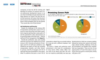 reports
networkcomputing.com
Previous Next
Previous Next
DownloadDownload
RegisterRegister
SubscribeSubscribe
Previous Next
Previous Next
2016 IT Infrastructure Salary Survey
education for techies. I’m trying to start a lo-
cal professional development group so we
can share knowledge and get experience that
helps advance our careers,” she said. She not-
ed that businesses will reason that they don’t
want to pay to train employees who may then
leave to work someplace else, but she opined,
“That sounds like a lot of fried chicken.”
Job Satisfaction and Security
Despite the challenges of the industry, 89%
of respondents said they feel a career in IT is as
secure or more secure than most other careers.
And a majority said they feel a career path in IT
and the potential for salary advancement are
as promising today as five years ago — 50% for
staff and 57% for management. (See Figure 9.)
Overall job satisfaction rates were equally
optimistic and have risen slightly since our last
survey in 2014. Seventy-one percent of man-
agers and 61% of staff were satisfied or very
satisfied by all aspects of their job, including
compensation, benefits, and other factors.
In contrast, only 8% of managers and 15% of
staff said they were dissatisfied or very dissat-
isfied. To underline that point, a mere 10% of
respondents related they are actively looking
for a new job with a different employer. (See
Figure 8.)
Of course, a happy and productive work
environment is the result of a combination
of many factors. When asked, “What mat-
ters most to you about your job?” the num-
ber one response, predictably, was base pay.
Ranked almost as high was company stability,
followed by having one’s opinion and knowl-
edge valued, benefits, challenge of the job,
job atmosphere, and flexible work schedule.
Said one respondent, “There are lots of new
opportunities in IT even if the salary is not go-
ing up. Once you get to a certain point, money
only goes so far.”
reports
Promising Career Path
Do you believe a career path in IT and the potential for salary advancement are as promising
today as they were ﬁve years ago?
Base: 248 staff and 202 managers
Data: InformationWeek 2016 US IT Salary Survey of 450 networking and data center management professionals, April 2016
Not as promising UnsureAs promising today
ManagementStaff
23%23%
50%50%
38%38%
12%12%
7%7%
57%57%36%36%
Figure 9
July 2016 13
 