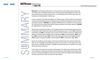 reports
networkcomputing.com
Previous Next
Previous Next
DownloadDownload
RegisterRegister
SubscribeSubscribe
Previous Next
Previous Next
SUMMARY
Demand for technology professionals is at record levels, but that opportunity is bypassing
many who work in the field of infrastructure. The trend toward technologies like cloud, soft-
ware-defined and converged infrastructure is commoditizing roles for those who work with
hardware and trickling down into their pay.
In fact, according to the InformationWeek US IT Salary Survey, median salaries for networking
and data center professionals are actually decreasing. Staff-level employees reported median
annual base salaries at $80,000, for a significant 4.7% decrease compared to our last survey in
2014. Infrastructure managers fared better, reporting median annual base salaries of $96,000,
for a 2% decline in the past two years.
Respondents recognized the effects of a changing industry and emphasized a growing need
for education. When asked what specific skills they planned to learn in 2016, 52% of staff-level
respondents and 48% of managers chose security as their number one priority. Staff-level em-
ployees also cited network engineering and operations (36%), cloud integration (28%), wire-
less (20%), and data storage (19%). Those at the management level chose leadership skills
(37%), project management (31%), cloud integration (30%), and business skills (21%).
Despite the challenges facing today’s infrastructure professionals, they remained optimistic.
Nine out of 10 respondents said they feel a career in IT is as secure or more secure than most
other careers, and 71% of managers and 61% of staff reported they are satisfied or very satis-
fied by all aspects of their job.
In this report, we examine the transitions taking place in IT infrastructure and how they affect
those working in networking and data center environments. We’ll explore how infrastructure
pros are currently spending their time, how that meshes with technology trends reshaping IT,
and how acquiring new skills can help them stay relevant.
EXECUTIVE
2016 IT Infrastructure Salary Survey
July 2016 3
reports
 