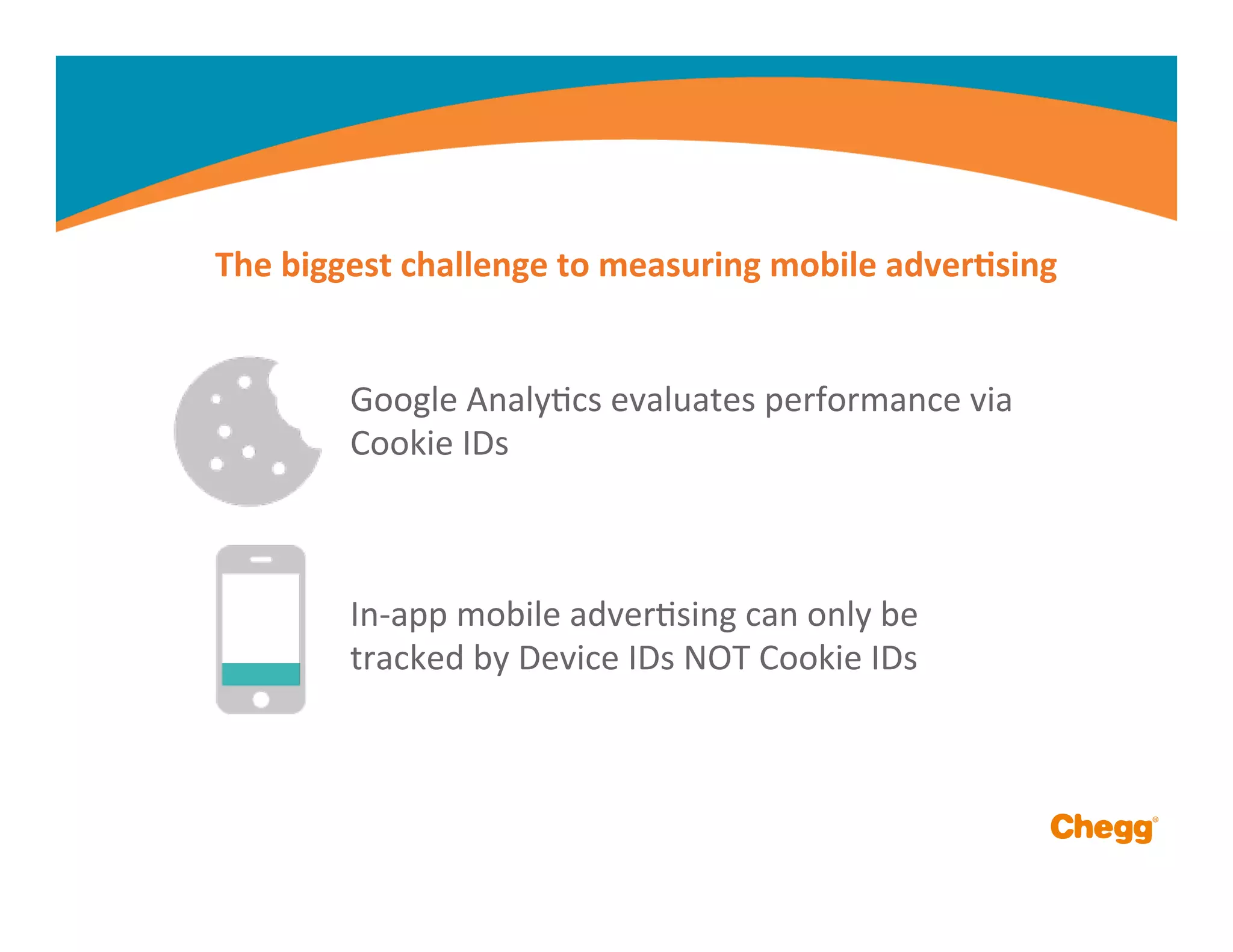 Google	
  AnalyMcs	
  evaluates	
  performance	
  via	
  
Cookie	
  IDs	
  
In-­‐app	
  mobile	
  adverMsing	
  can	
  only	
  be	
  
tracked	
  by	
  Device	
  IDs	
  NOT	
  Cookie	
  IDs	
  
The	
  biggest	
  challenge	
  to	
  measuring	
  mobile	
  adver,sing	
  
 