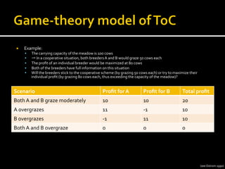¡  Example:	
  
§  The	
  carrying	
  capacity	
  of	
  the	
  meadow	
  is	
  100	
  cows	
  
§  →	
  In	
  a	
  cooperative	
  situation,	
  both	
  breeders	
  A	
  and	
  B	
  would	
  graze	
  50	
  cows	
  each	
  
§  The	
  proﬁt	
  of	
  an	
  individual	
  breeder	
  would	
  be	
  maximized	
  at	
  80	
  cows	
  
§  Both	
  of	
  the	
  breeders	
  have	
  full	
  information	
  on	
  this	
  situation	
  
§  Will	
  the	
  breeders	
  stick	
  to	
  the	
  cooperative	
  scheme	
  (by	
  grazing	
  50	
  cows	
  each)	
  or	
  try	
  to	
  maximize	
  their	
  
individual	
  proﬁt	
  (by	
  grazing	
  80	
  cows	
  each,	
  thus	
  exceeding	
  the	
  capacity	
  of	
  the	
  meadow)?	
  
Scenario	
   Proﬁt	
  for	
  A	
   Proﬁt	
  for	
  B	
   Total	
  proﬁt	
  
Both	
  A	
  and	
  B	
  graze	
  moderately	
   10	
   10	
   20	
  
A	
  overgrazes	
   11	
   -­‐1	
   10	
  
B	
  overgrazes	
   -­‐1	
   11	
   10	
  
Both	
  A	
  and	
  B	
  overgraze	
   0	
   0	
   0	
  
	
  
(see	
  Ostrom	
  1990)	
  
 