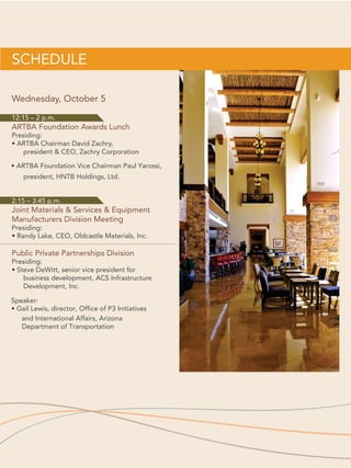 ATB and it’s Members welcome the
2016 ARTBA National Convention
to Tucson
Sponsored by some of Tucsons leading
Engineeing and Construction ﬁrms:
ArizonaTranportation Builders Association
KEG Construction, Inc. • Granite Construction, Inc. • Sunland Asphalt
PSOMAS • Ashton Company, Inc.
PROMISES MADE
COMMITMENTS KEPT
www.kegtusv.com
Building Value
Together
www.graniteconstruction.com
Performance Beyond
the Surface
www.sunlandasphalt.com
Balancing the Natural and
Built Environment
www.psomas.com www.ashtoncoinc.com
BUILDING TOMORROW’S FUTURE
 