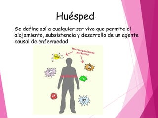 Se define así a cualquier ser vivo que permite el
alojamiento, subsistencia y desarrollo de un agente
causal de enfermedad
Huésped:
 