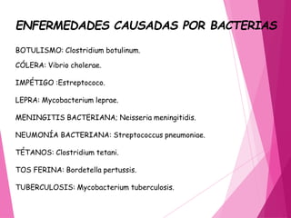 ENFERMEDADES CAUSADAS POR BACTERIAS
BOTULISMO: Clostridium botulinum.
CÓLERA: Vibrio cholerae.
IMPÉTIGO :Estreptococo.
LEPRA: Mycobacterium leprae.
MENINGITIS BACTERIANA; Neisseria meningitidis.
NEUMONÍA BACTERIANA: Streptococcus pneumoniae.
TÉTANOS: Clostridium tetani.
TOS FERINA: Bordetella pertussis.
TUBERCULOSIS: Mycobacterium tuberculosis.
 