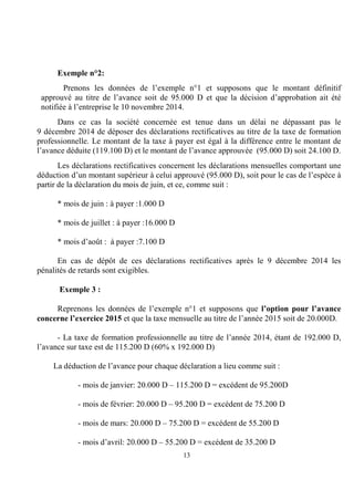 13
Exemple n°2:
Prenons les données de l’exemple n°1 et supposons que le montant définitif
approuvé au titre de l’avance soit de 95.000 D et que la décision d’approbation ait été
notifiée à l’entreprise le 10 novembre 2014.
Dans ce cas la société concernée est tenue dans un délai ne dépassant pas le
9 décembre 2014 de déposer des déclarations rectificatives au titre de la taxe de formation
professionnelle. Le montant de la taxe à payer est égal à la différence entre le montant de
l’avance déduite (119.100 D) et le montant de l’avance approuvée (95.000 D) soit 24.100 D.
Les déclarations rectificatives concernent les déclarations mensuelles comportant une
déduction d’un montant supérieur à celui approuvé (95.000 D), soit pour le cas de l’espèce à
partir de la déclaration du mois de juin, et ce, comme suit :
* mois de juin : à payer :1.000 D
* mois de juillet : à payer :16.000 D
* mois d’août : à payer :7.100 D
En cas de dépôt de ces déclarations rectificatives après le 9 décembre 2014 les
pénalités de retards sont exigibles.
Exemple 3 :
Reprenons les données de l’exemple n°1 et supposons que l’option pour l’avance
concerne l’exercice 2015 et que la taxe mensuelle au titre de l’année 2015 soit de 20.000D.
- La taxe de formation professionnelle au titre de l’année 2014, étant de 192.000 D,
l’avance sur taxe est de 115.200 D (60% x 192.000 D)
La déduction de l’avance pour chaque déclaration a lieu comme suit :
- mois de janvier: 20.000 D – 115.200 D = excédent de 95.200D
- mois de février: 20.000 D – 95.200 D = excédent de 75.200 D
- mois de mars: 20.000 D – 75.200 D = excédent de 55.200 D
- mois d’avril: 20.000 D – 55.200 D = excédent de 35.200 D
 