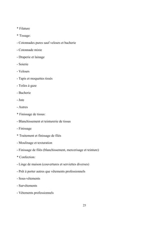25
* Filature
* Tissage:
- Cotonnades pures sauf velours et bacherie
- Cotonnade mixte
- Draperie et lainage
- Soierie
- Velours
- Tapis et moquettes tissés
- Toiles à gaze
- Bacherie
- Jute
- Autres
* Finissage de tissus:
- Blanchissement et teinturerie de tissus
- Finissage
* Traitement et finissage de filés
- Moulinage et texturation
- Finissage de filés (blanchissement, mercerisage et teinture)
* Confection:
- Linge de maison (couvertures et serviettes diverses)
- Prêt à porter autres que vêtements professionnels
- Sous-vêtements
- Survêtements
- Vêtements professionnels
 