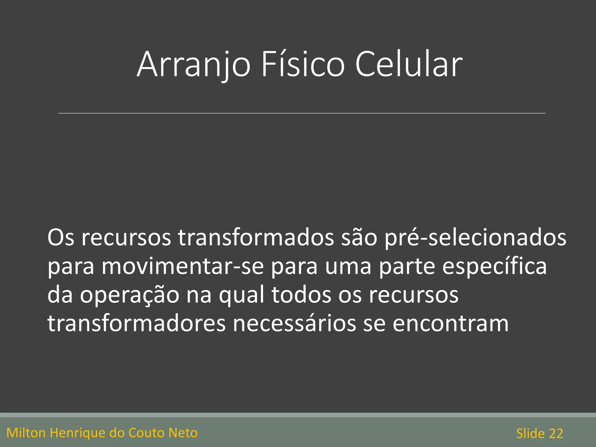 Arranjo Físico Celular
Os recursos transformados são pré-selecionados
para movimentar-se para uma parte específica
da operação na qual todos os recursos
transformadores necessários se encontram
Milton Henrique do Couto Neto Slide 22
 