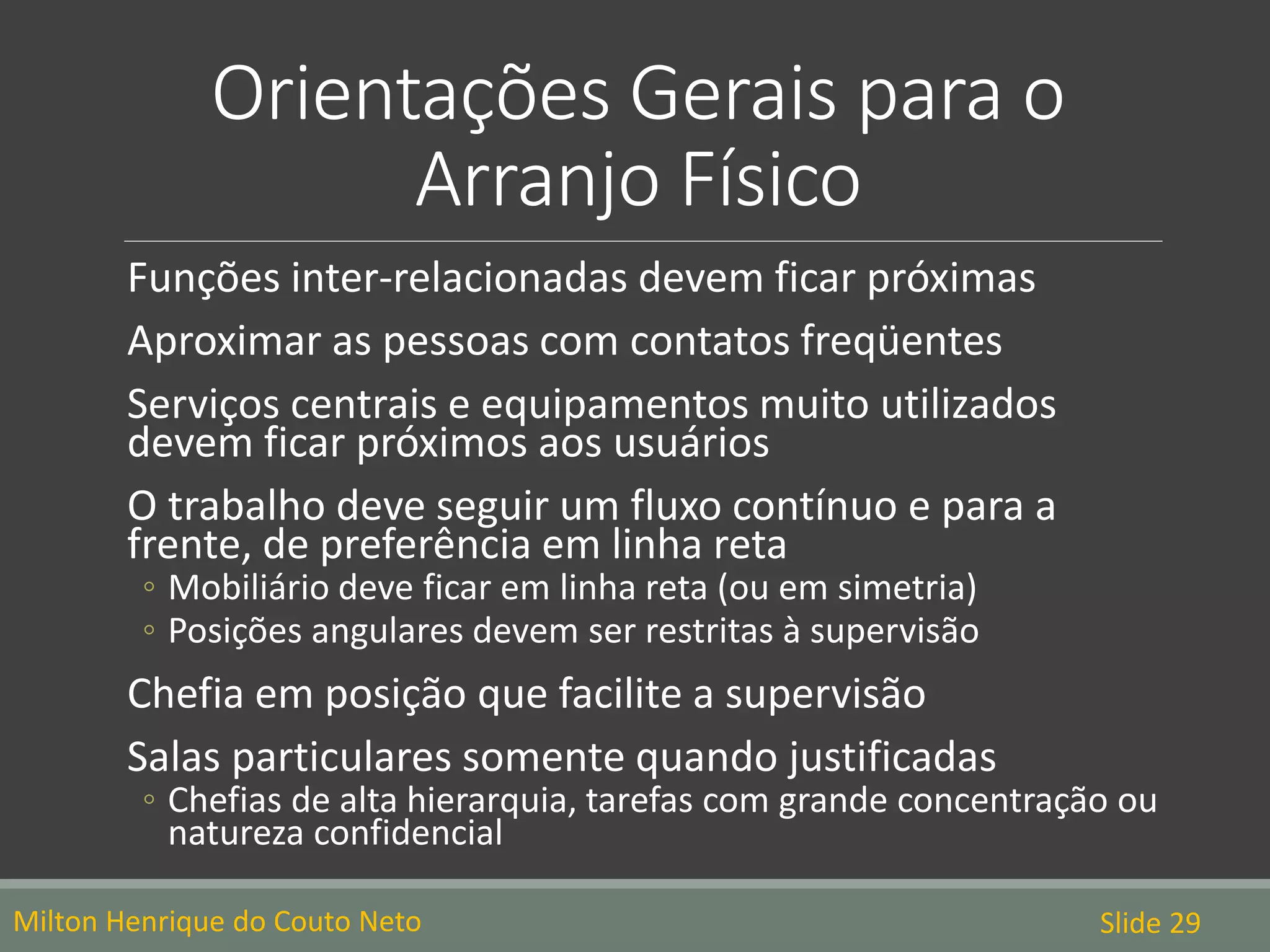Orientações Gerais para o
Arranjo Físico
Milton Henrique do Couto Neto Slide 29
Funções inter-relacionadas devem ficar próximas
Aproximar as pessoas com contatos freqüentes
Serviços centrais e equipamentos muito utilizados
devem ficar próximos aos usuários
O trabalho deve seguir um fluxo contínuo e para a
frente, de preferência em linha reta
◦ Mobiliário deve ficar em linha reta (ou em simetria)
◦ Posições angulares devem ser restritas à supervisão
Chefia em posição que facilite a supervisão
Salas particulares somente quando justificadas
◦ Chefias de alta hierarquia, tarefas com grande concentração ou
natureza confidencial
 