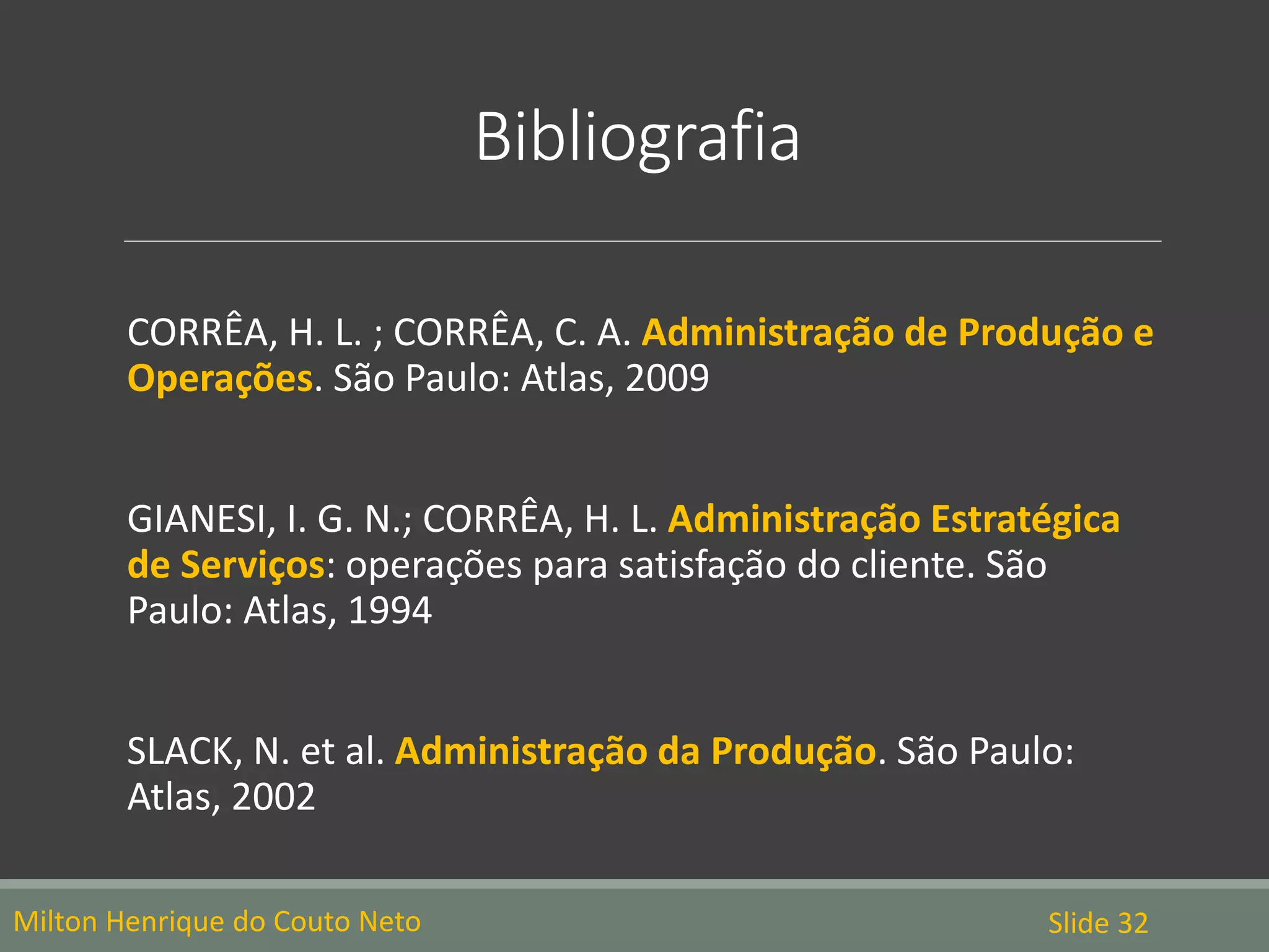 Bibliografia
CORRÊA, H. L. ; CORRÊA, C. A. Administração de Produção e
Operações. São Paulo: Atlas, 2009
GIANESI, I. G. N.; CORRÊA, H. L. Administração Estratégica
de Serviços: operações para satisfação do cliente. São
Paulo: Atlas, 1994
SLACK, N. et al. Administração da Produção. São Paulo:
Atlas, 2002
Slide 32Milton Henrique do Couto Neto
 