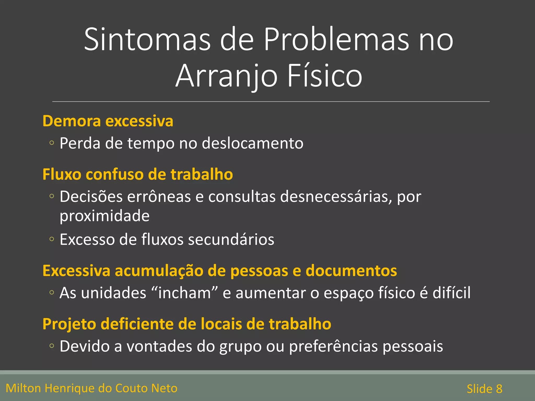 Sintomas de Problemas no
Arranjo Físico
Demora excessiva
◦ Perda de tempo no deslocamento
Fluxo confuso de trabalho
◦ Decisões errôneas e consultas desnecessárias, por
proximidade
◦ Excesso de fluxos secundários
Excessiva acumulação de pessoas e documentos
◦ As unidades “incham” e aumentar o espaço físico é difícil
Projeto deficiente de locais de trabalho
◦ Devido a vontades do grupo ou preferências pessoais
Milton Henrique do Couto Neto Slide 8
 