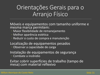 Orientações Gerais para o
Arranjo Físico
Milton Henrique do Couto Neto Slide 31
Móveis e equipamentos com tamanho uniforme e
mesma marca permitem:
◦ Maior flexibilidade de remanejamento
◦ Melhor aparência estética
◦ Reduzir o custo de compra e manutenção
Localização de equipamentos pesados
◦ Observar a capacidade de carga
Instalação de equipamentos de segurança
◦ Combate a incêndio
Evitar cobrir superfícies de trabalho (tampo de
mesa) com material reflexivo
 