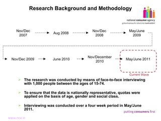 The research was conducted by means of face-to-face interviewing with 1,000 people between the ages of 15-74. To ensure that the data is nationally representative, quotas were applied on the basis of age, gender and social class. Interviewing was conducted over a four week period in May/June 2011. Research Background and Methodology Nov/Dec 2007 Aug 2008 Nov/Dec 2008 Nov/Dec 2009 June 2010 Nov/December 2010 Benchmark Wave 4 Wave 5 Wave 1 Wave 2 Wave 6 Current Wave May/June 2011 Wave 7 May/June 2009 Wave 3 
