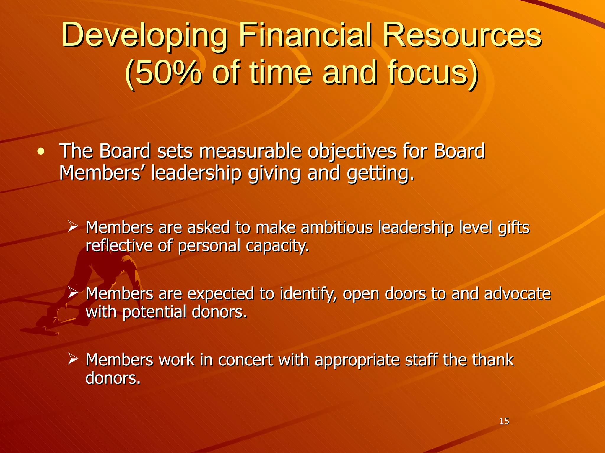 Developing Financial Resources ( 50% of time and focus) The Board sets measurable objectives for Board Members’ leadership giving and getting. Members are asked to make ambitious leadership level gifts reflective of personal capacity. Members are expected to identify, open doors to and advocate with potential donors. Members work in concert with appropriate staff the thank donors.  