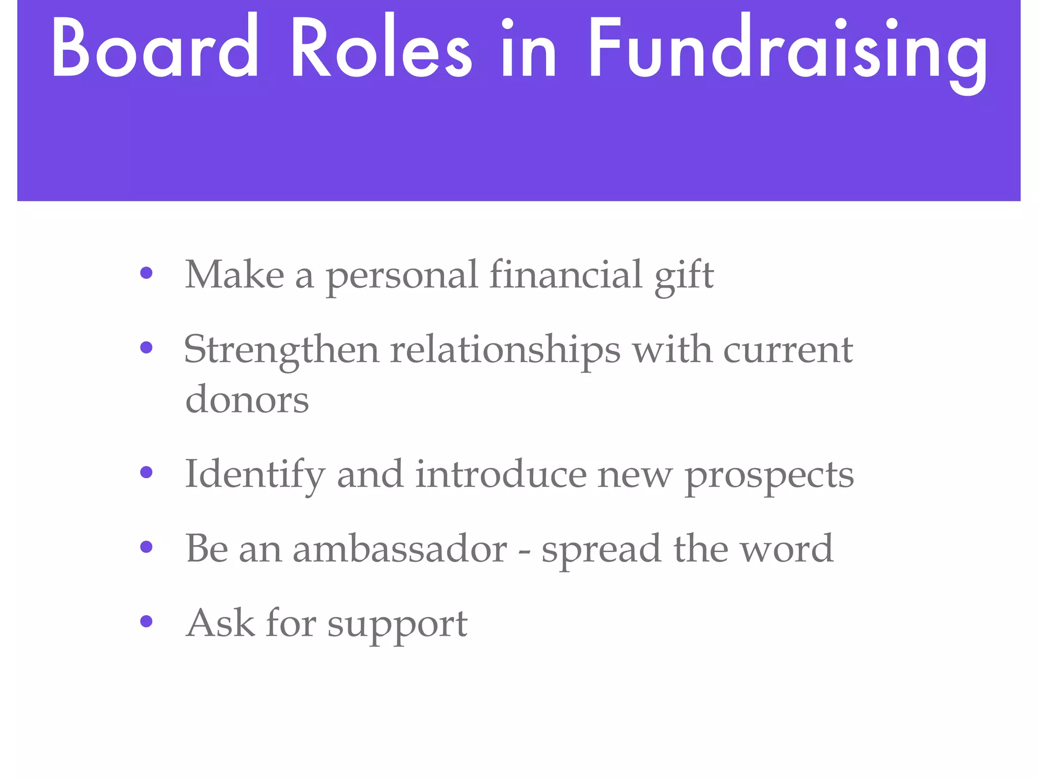Board Roles in Fundraising Make a personal financial gift Strengthen relationships with current donors Identify and introduce new prospects Be an ambassador - spread the word Ask for support 