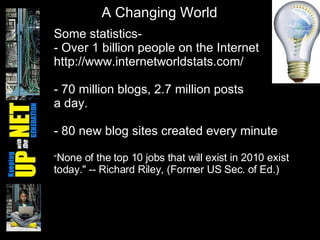 Some statistics- - Over 1 billion people on the Internet  http://www.internetworldstats.com/ 70 million blogs, 2.7 million posts  a day. 80 new blog sites created every minute “ None of the top 10 jobs that will exist in 2010 exist today." --  Richard Riley , (Former US Sec. of Ed.) A Changing World 
