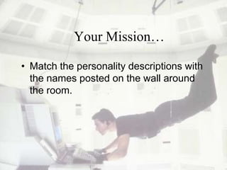 Your Mission…Match the personality descriptions with the names posted on the wall around the room.Personality FactorsInfluencing Gifted BehaviorCharm/CharismaNeed for AchievementEgo StrengthEnergySense of DestinyPerception of Self, Self-EfficacyCourageCharacterIntuitionPersonal Attractiveness
