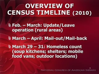 OVERVIEW OF CENSUS TIMELINE  (2010) Feb. – March: Update/Leave operation (rural areas) March – April: Mail-out/Mail-back March 29 – 31: Homeless count (soup kitchens; shelters; mobile food vans; outdoor locations) 