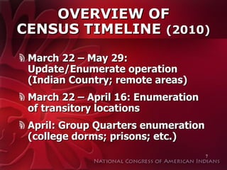 OVERVIEW OF CENSUS TIMELINE  (2010) March 22 – May 29: Update/Enumerate operation (Indian Country; remote areas) March 22 – April 16: Enumeration of transitory locations April: Group Quarters enumeration (college dorms; prisons; etc.) 