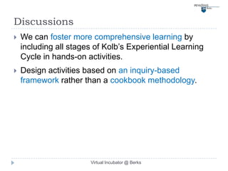 Discussions
   We can foster more comprehensive learning by
    including all stages of Kolb’s Experiential Learning
    Cycle in hands-on activities.
   Design activities based on an inquiry-based
    framework rather than a cookbook methodology.




                       Virtual Incubator @ Berks
 