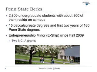 Penn State Berks
   2,800 undergraduate students with about 800 of
    them reside on campus
   15 baccalaureate degrees and first two years of 160
    Penn State degrees
   Entrepreneurship Minor (E-Ship) since Fall 2009
       Two NCIIA grants




                           Virtual Incubator @ Berks
 