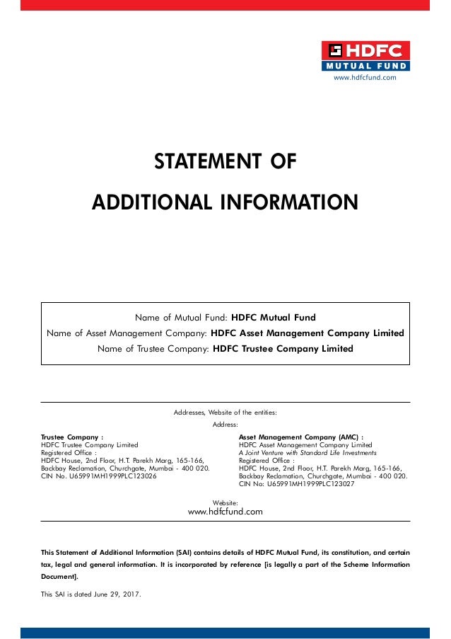 Statement Of Additional Information For Hdfc Mutual Fund - 