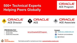 3 Membership Tiers
• Oracle ACE Director
• Oracle ACE
• Oracle ACE Associate
bit.ly/OracleACEProgram
500+ Technical Experts
Helping Peers Globally
Connect:
Nominate yourself or someone you know: acenomination.oracle.com
@oracleace
Facebook.com/oracleaces
oracle-ace_ww@oracle.com
 