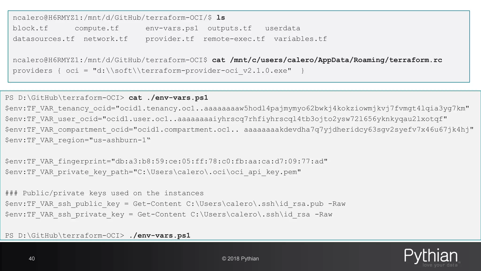 ncalero@H6RMYZ1:/mnt/d/GitHub/terraform-OCI/$ ls block.tf compute.tf env-vars.ps1 outputs.tf userdata datasources.tf network.tf provider.tf remote-exec.tf variables.tf ncalero@H6RMYZ1:/mnt/d/GitHub/terraform-OCI$ cat /mnt/c/users/calero/AppData/Roaming/terraform.rc providers { oci = "d:softterraform-provider-oci_v2.1.0.exe" } 40 © 2018 Pythian PS D:GitHubterraform-OCI> cat ./env-vars.ps1 $env:TF_VAR_tenancy_ocid="ocid1.tenancy.oc1..aaaaaaaaw5hodl4pajmymyo62bwkj4kokziowmjkvj7fvmgt4lqia3yg7km" $env:TF_VAR_user_ocid="ocid1.user.oc1..aaaaaaaaiyhrscq7rhfiyhrscql4tb3ojto2ysw72l656yknkyqau2lxotqf" $env:TF_VAR_compartment_ocid="ocid1.compartment.oc1.. aaaaaaaakdevdha7q7yjdheridcy63sgv2syefv7x46u67jk4hj" $env:TF_VAR_region="us-ashburn-1“ $env:TF_VAR_fingerprint="db:a3:b8:59:ce:05:ff:78:c0:fb:aa:ca:d7:09:77:ad" $env:TF_VAR_private_key_path="C:Userscalero.ocioci_api_key.pem" ### Public/private keys used on the instances $env:TF_VAR_ssh_public_key = Get-Content C:Userscalero.sshid_rsa.pub -Raw $env:TF_VAR_ssh_private_key = Get-Content C:Userscalero.sshid_rsa -Raw PS D:GitHubterraform-OCI> ./env-vars.ps1 