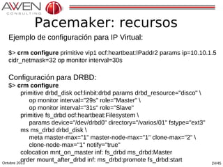 Pacemaker: recursos
Ejemplo de configuración para IP Virtual:
$> crm configure primitive vip1 ocf:heartbeat:IPaddr2 params ip=10.10.1.5
cidr_netmask=32 op monitor interval=30s

Configuración para DRBD:
$> crm configure
primitive drbd_disk ocf:linbit:drbd params drbd_resource="disco" 
op monitor interval="29s" role="Master" 
op monitor interval="31s" role="Slave"
primitive fs_drbd ocf:heartbeat:Filesystem 
params device="/dev/drbd0" directory="/varios/01" fstype="ext3"
ms ms_drbd drbd_disk 
meta master-max="1" master-node-max="1" clone-max="2" 
clone-node-max="1" notify="true"
colocation mnt_on_master inf: fs_drbd ms_drbd:Master
order mount_after_drbd inf: ms_drbd:promote fs_drbd:start
Octubre 2013

24/45

 