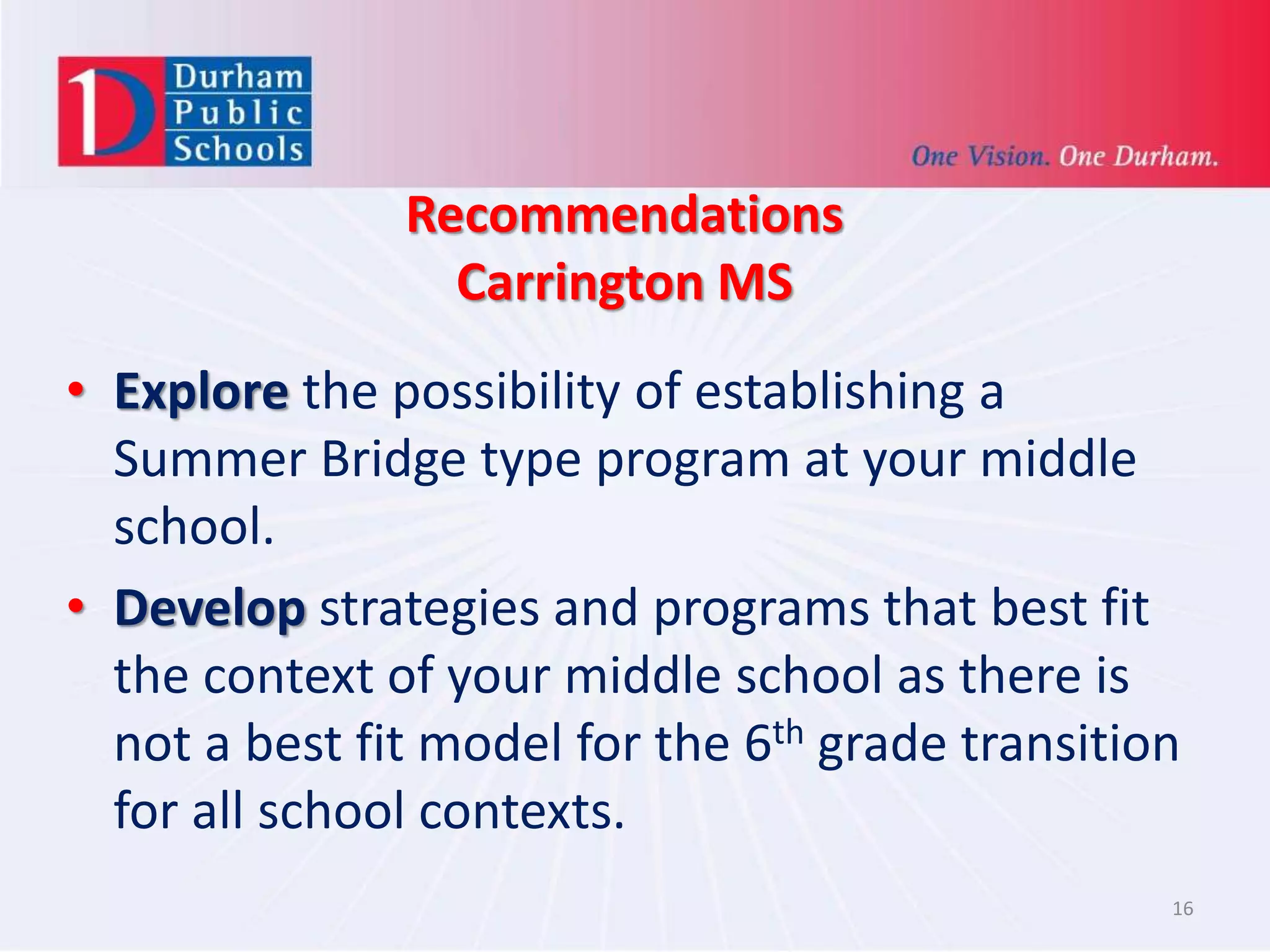 Recommendations
Carrington MS
16
• Explore the possibility of establishing a
Summer Bridge type program at your middle
school.
• Develop strategies and programs that best fit
the context of your middle school as there is
not a best fit model for the 6th grade transition
for all school contexts.
 