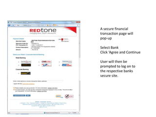 A secure financial
transaction page will
pop-up

Select Bank
Click ‘Agree and Continue

User will then be
prompted to log on to
the respective banks
secure site.
 