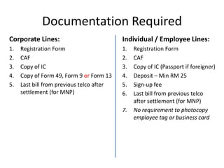 Documentation Required
Corporate Lines:                           Individual / Employee Lines:
1.   Registration Form                     1.   Registration Form
2.   CAF                                   2.   CAF
3.   Copy of IC                            3.   Copy of IC (Passport if foreigner)
4.   Copy of Form 49, Form 9 or Form 13    4.   Deposit – Min RM 25
5.   Last bill from previous telco after   5.   Sign-up fee
     settlement (for MNP)                  6.   Last bill from previous telco
                                                after settlement (for MNP)
                                           7.   No requirement to photocopy
                                                employee tag or business card
 