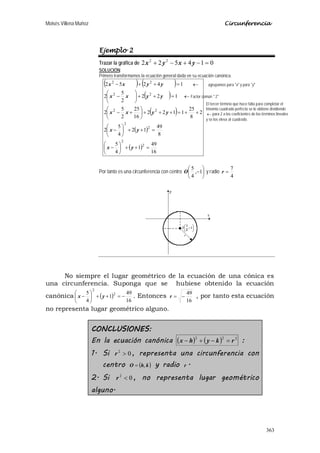 Moisés Villena Muñoz Circunferencia
363
Ejemplo 2
Trazar la gráfica de 014522 22
=−+−+ yxyx
SOLUCIÓN:
Primero transformamo...