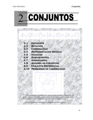 Moisés Villena Muñoz Conjuntos
28
2
2.1 DEFINICIÓN
2.2 NOTACIÓN
2.3 CARDINALIDAD
2.4 REPRESENTACIÓN GRÁFICA
2.5 IGUALDAD
2.6 SUBCONJUNTOS
2.7 OPERACIONES
2.8 ALGEBRA DE CONJUNTOS
2.9 CONJUNTO REFERENCIAL
2.10 PROBLEMAS DE CARDINALIDAD
La idea de conjunto está manifiesta de una u otra forma en nuestro cotidiano vivir. Por
ejemplo, cuando nos referimos a la especie que pertenecemos, a la sociedad donde vivimos,
a la universidad en la cual estamos inscritos, a la carrera que vamos a cursar, ...
Más aún, los problemas matemáticos se solucionan referidos a conjuntos.
 