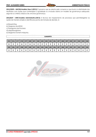 PROF. ALEXANDRE GOMES
O CURSO PERMANENTE que mais APRO
253.(CESPE – BACEN/Analista Área 5/2013)
resultados com ações que contemplam a igualdade e a inclusão adota um modelo de governança adequado,
segundo os critérios clássicos de uma boa governanç
254.(ESAF – DNIT/Analista Administrativo/2013)
ações de maneira simples e identificaros pontos de tomada de decisão, é:
a) Blueprinting.
b) Diagrama de SIPOC.
c) Fluxograma de Processo.
d) Mapofluxograma.
e) Diagrama homem-máquina.
215 216 217 218 219 220 221
B E C A C A B
235 236 237 238 239 240 241
E C E E E C E
ROVA!
/2013) O governo que se orienta pelo consenso e que busca a efetividade dos
resultados com ações que contemplam a igualdade e a inclusão adota um modelo de governança adequado,
segundo os critérios clássicos de uma boa governança.
DNIT/Analista Administrativo/2013) A técnica de mapeamento de processos que permiteregistrar as
caros pontos de tomada de decisão, é:
GABARITO
221 222 223 224 225 226 227 228 229
C C E E E E C E
241 242 243 244 245 246 247 248 249
C C E E C E E E
ADMINISTRAÇÃO PÚBLICA
117
O governo que se orienta pelo consenso e que busca a efetividade dos
resultados com ações que contemplam a igualdade e a inclusão adota um modelo de governança adequado,
A técnica de mapeamento de processos que permiteregistrar as
230 231 232 233 234
C C E E C
250 251 252 253 254
C C C E C
 