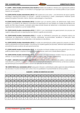 PROF. ALEXANDRE GOMES
O CURSO PERMANENTE que mais APRO
91. (CESPE – ANAC/Analista Administrativo/Área 02/2013)
devem considerar os princípios, os conceitos e as linguagens que caracterizam sua natureza pública e que causam
impacto em sua gestão.
92. (CESPE/ANATEL/Analista Administrativo/2012)
estratégica organizacional pública ou privada
perspectivas gerais: financeira, interna, clientes e aprendizagem e crescimento.
93 (CESPE/ANATEL/Analista Administrativo/2012)
recebido a incumbência de adequar os processos da organização em que trabalha ao modelo de excelência da
gestão da FNQ. Nessa situação, a primeira ação desse servidor d
organizacionais mediante o uso do modelo OPM3.
94. (CESPE/ANATEL/Analista Administrativo/2012)
negócio adequada para as organizações que adotam a gest
95. (CESPE/ANATEL/Analista Administrativo/2012)
indicadores de desempenho: eficiência, eficácia, efetividade, economicidade, excelência e execução. Essas
categorias são divididas em duas dimensões: a de resultado e a de esforço.
96. (CESPE/ANATEL/Analista Administrativo/2012)
reforma administrativa do Estado brasileiro, concentra
procedimentos para os planos de ação governamentais.
97. (CESPE/ANATEL/Analista Administrativo/2012)
políticas públicas sejam cumpridas e financiadas, ident
98. (CESPE/ANATEL/Analista Administrativo/2012)
oferecer. A causa dessa lacuna não é somente fiscal ou política, mas, também administrativ
99. (CESPE – UNIPAMPA/Administrador Cargo 27/2013)
mais eficiente e, portanto, superior ao setor público na proposição de soluções administrativas; as técnicas e práticas
da administração de empresas podem e devem ser aplicadas ao setor público.
100. (CESPE/TJRR/Tecnico Administrativo/2012)
das decisões e funções do Estado bem como o foco na qualidade e na produti
GABARITO
01 02 03 04 05 06 07
E E E E E C E
21 22 23 24 25 26 27
E E C E C E C
41 42 43 44 45 46 47
C C E E E C C
61 62 63 64 65 66 67
C E E C C C C
81 82 83 84 85 86 87
E E E C C E E
ROVA!
istrativo/Área 02/2013) Modelos de excelência voltados para organizações públicas
devem considerar os princípios, os conceitos e as linguagens que caracterizam sua natureza pública e que causam
ivo/2012) O BSC (balanced score card) — uma ferramenta de apoio à gestão
estratégica organizacional pública ou privada — permite acompanhar e medir o desempenho mediante quatro
perspectivas gerais: financeira, interna, clientes e aprendizagem e crescimento.
lista Administrativo/2012) Considere que um servidor público de determinado órgão tenha
recebido a incumbência de adequar os processos da organização em que trabalha ao modelo de excelência da
gestão da FNQ. Nessa situação, a primeira ação desse servidor deverá ser determinar a maturidade dos processos
organizacionais mediante o uso do modelo OPM3.
(CESPE/ANATEL/Analista Administrativo/2012) O CBOK é uma metodologia de gerenciamento de processo de
negócio adequada para as organizações que adotam a gestão por processos.
(CESPE/ANATEL/Analista Administrativo/2012) O modelo do GESPUBLICA pressupõe seis categorias básicas de
indicadores de desempenho: eficiência, eficácia, efetividade, economicidade, excelência e execução. Essas
s em duas dimensões: a de resultado e a de esforço.
(CESPE/ANATEL/Analista Administrativo/2012) O modelo de administração pública gerencial, proposto na última
reforma administrativa do Estado brasileiro, concentra-se na moderna gestão por processos, definindo responsabilidades
procedimentos para os planos de ação governamentais.
(CESPE/ANATEL/Analista Administrativo/2012) As atividades do Estado brasileiro procuram garantir que a lei e as
políticas públicas sejam cumpridas e financiadas, identificando-se, assim,com o Estado liberal clássico.
(CESPE/ANATEL/Analista Administrativo/2012) A sociedade civil exige do Estado brasileiro mais do que ele pode
oferecer. A causa dessa lacuna não é somente fiscal ou política, mas, também administrativ
UNIPAMPA/Administrador Cargo 27/2013) São postulados da nova administração pública: o setor privado
mais eficiente e, portanto, superior ao setor público na proposição de soluções administrativas; as técnicas e práticas
de empresas podem e devem ser aplicadas ao setor público.
(CESPE/TJRR/Tecnico Administrativo/2012) É pressuposto vital para a administração pública gerencial adescentralização
das decisões e funções do Estado bem como o foco na qualidade e na produtividade do serviço público
GABARITO −−−− BATERIA DE EXERCÍCIOS DO CESPE
07 08 09 10 11 12 13 14 15
E C C E E E E C E
27 28 29 30 31 32 33 34 35
C C C C C C C E C
47 48 49 50 51 52 53 54 55
C C E E C C E E C
67 68 69 70 71 72 73 74 75
C E C E C C C C C
87 88 89 90 91 92 93 94 95
E C E E C C E E C
ADMINISTRAÇÃO PÚBLICA
123
Modelos de excelência voltados para organizações públicas
devem considerar os princípios, os conceitos e as linguagens que caracterizam sua natureza pública e que causam
uma ferramenta de apoio à gestão
permite acompanhar e medir o desempenho mediante quatro
Considere que um servidor público de determinado órgão tenha
recebido a incumbência de adequar os processos da organização em que trabalha ao modelo de excelência da
everá ser determinar a maturidade dos processos
O CBOK é uma metodologia de gerenciamento de processo de
O modelo do GESPUBLICA pressupõe seis categorias básicas de
indicadores de desempenho: eficiência, eficácia, efetividade, economicidade, excelência e execução. Essas
O modelo de administração pública gerencial, proposto na última
definindo responsabilidades e
As atividades do Estado brasileiro procuram garantir que a lei e as
se, assim,com o Estado liberal clássico.
A sociedade civil exige do Estado brasileiro mais do que ele pode
oferecer. A causa dessa lacuna não é somente fiscal ou política, mas, também administrativa.
São postulados da nova administração pública: o setor privado é
mais eficiente e, portanto, superior ao setor público na proposição de soluções administrativas; as técnicas e práticas
É pressuposto vital para a administração pública gerencial adescentralização
vidade do serviço público.
16 17 18 19 20
E E E C C
36 37 38 39 40
C E C C E
56 57 58 59 60
C E C C C
76 77 78 79 80
E C C E E
96 97 98 99 100
E E C C C
 
