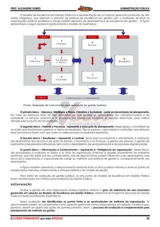 PROF. ALEXANDRE GOMES
O CURSO PERMANENTE que mais APRO
O Modelo de Excelência em Gestão Pública é a representação de um sistema gerencial constituído de oito
partes integradas, que orientam a adoção de práticas de excelência em gestão com a fi
organizações públicas brasileiras a atingir padrões elevados de desempenho e de excelência em gestão.
apresentada a seguir representa graficamente o modelo do GesPública:
O primeiro bloco – Liderança, Estratégias e Planos, Cidadãos e Sociedade
Por meio da liderança forte da alta administração, que focal
sociedade, os serviços, produtos e os processos são planejados conforme os recursos disponíveis, para melhor
atender esse conjunto de necessidades.
O segundo bloco – Pessoas e Processos
as ações que transformam objetivos e metas em resultados. São as pessoas, capacitadas e motivadas, que efetuam
esses processos e fazem com que cada um deles produza os resultados esperados.
O terceiro bloco – Resultados –
dos destinatários dos serviços e da ação do Estado, o orçamento e as finanças, a gestão das pessoas, a gestão de
suprimentos e das parcerias institucionais, bem como o d
O quarto bloco – Informações e Conhecimento
são processados e avaliados os dados e os fatos da organização (internos) e aqueles pro
(externos), que não estão sob seu controle direto, mas de alguma forma podem influenciar o seu desempenho. Esse
bloco dá à organização a capacidade de corrigir ou melhorar suas práticas de gestão e, consequentemente, seu
desempenho.
A figura também apresenta o relacionamento existente entre os blocos (setas maiores) e entre as partes do
modelo (setas menores), evidenciando o enfoque sistêmico do modelo de gestão.
Para efeito de avaliação da gestão pública, as oito partes do Modelo de
foram transformadas em Critérios para Avaliação da Gestão Pública.
AUTOAVALIAÇÃO
Avaliar a gestão de uma organização pública significa verificar o
gerenciais em relação ao Modelo de Excelê
Pública e Desburocratização (GesPública).
Nessa avaliação são identificados os pontos fortes e as oportunidades de melhoria da organização
oportunidades podem ser consideradas como asp
portanto, devem ser objeto das ações de aperfeiçoamento. Assim, o
planejamento da melhoria da gestão.
Fonte: Adaptado de Instrum
1º Bloco
4º Bloco
ROVA!
O Modelo de Excelência em Gestão Pública é a representação de um sistema gerencial constituído de oito
partes integradas, que orientam a adoção de práticas de excelência em gestão com a fi
organizações públicas brasileiras a atingir padrões elevados de desempenho e de excelência em gestão.
apresentada a seguir representa graficamente o modelo do GesPública:
Liderança, Estratégias e Planos, Cidadãos e Sociedade – pode ser denominado de planejamento.
Por meio da liderança forte da alta administração, que focaliza as necessidades dos cidadãos
sociedade, os serviços, produtos e os processos são planejados conforme os recursos disponíveis, para melhor
atender esse conjunto de necessidades.
Pessoas e Processos - representa a execução do planejamento. Nesse espaço, concretizam
as ações que transformam objetivos e metas em resultados. São as pessoas, capacitadas e motivadas, que efetuam
esses processos e fazem com que cada um deles produza os resultados esperados.
representa o controle. Serve para acompanhar o atendimento à satisfação
dos destinatários dos serviços e da ação do Estado, o orçamento e as finanças, a gestão das pessoas, a gestão de
suprimentos e das parcerias institucionais, bem como o desempenho dos serviços/produtos e dos processos organizacionais.
Informações e Conhecimento – representa a “inteligência da organização”.
são processados e avaliados os dados e os fatos da organização (internos) e aqueles pro
(externos), que não estão sob seu controle direto, mas de alguma forma podem influenciar o seu desempenho. Esse
bloco dá à organização a capacidade de corrigir ou melhorar suas práticas de gestão e, consequentemente, seu
A figura também apresenta o relacionamento existente entre os blocos (setas maiores) e entre as partes do
modelo (setas menores), evidenciando o enfoque sistêmico do modelo de gestão.
Para efeito de avaliação da gestão pública, as oito partes do Modelo de Excelência em Gestão Pública
foram transformadas em Critérios para Avaliação da Gestão Pública.
Avaliar a gestão de uma organização pública significa verificar o grau de aderência de seus processos
gerenciais em relação ao Modelo de Excelência em Gestão Pública, referencial do Programa Nacional da Gestão
Pública e Desburocratização (GesPública).
são identificados os pontos fortes e as oportunidades de melhoria da organização
oportunidades podem ser consideradas como aspectos gerenciais menos desenvolvidos em relação modelo e que,
portanto, devem ser objeto das ações de aperfeiçoamento. Assim, o processo de avaliação é complementado pelo
mento para avaliação da gestão pública
2º Bloco
ADMINISTRAÇÃO PÚBLICA
62
O Modelo de Excelência em Gestão Pública é a representação de um sistema gerencial constituído de oito
partes integradas, que orientam a adoção de práticas de excelência em gestão com a finalidade de levar as
organizações públicas brasileiras a atingir padrões elevados de desempenho e de excelência em gestão.  A figura
pode ser denominado de planejamento.
iza as necessidades dos cidadãos-usuários e da
sociedade, os serviços, produtos e os processos são planejados conforme os recursos disponíveis, para melhor
. Nesse espaço, concretizam-se
as ações que transformam objetivos e metas em resultados. São as pessoas, capacitadas e motivadas, que efetuam
. Serve para acompanhar o atendimento à satisfação
dos destinatários dos serviços e da ação do Estado, o orçamento e as finanças, a gestão das pessoas, a gestão de
esempenho dos serviços/produtos e dos processos organizacionais.
representa a “inteligência da organização”. Nesse bloco,
são processados e avaliados os dados e os fatos da organização (internos) e aqueles provenientes do ambiente
(externos), que não estão sob seu controle direto, mas de alguma forma podem influenciar o seu desempenho. Esse
bloco dá à organização a capacidade de corrigir ou melhorar suas práticas de gestão e, consequentemente, seu
A figura também apresenta o relacionamento existente entre os blocos (setas maiores) e entre as partes do
Excelência em Gestão Pública
grau de aderência de seus processos
, referencial do Programa Nacional da Gestão
são identificados os pontos fortes e as oportunidades de melhoria da organização. As
ectos gerenciais menos desenvolvidos em relação modelo e que,
processo de avaliação é complementado pelo
3º Bloco
 