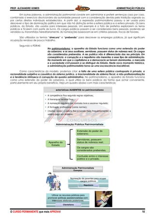 PROF. ALEXANDRE GOMES
O CURSO PERMANENTE que mais APRO
Em outras palavras, a administração patrimonial consiste em administrar e proferir sentenças caso por caso,
combinado o exercício discricionário da autoridade pessoal com a consideração devida pela tradição sagrada ou
por certos direitos individuais estabelecidos. A partir daí, a expressão patrimonialismo passou a ser usada para
descrever o tipo de dominação política em
públicos, do Estado, são usados para interesses pessoais. Um exemplo é o fato de prefeitos explorarem as terras
públicas e ficarem com parte do lucro. Os cargos públicos passam a ser
vendidos ou transmitidos hereditariamente. As nomeações baseavam
São utilizados os termos “sinecura
ocupação rendosa de pouco trabalho.
Segundo o PDRAE:
No patrimonialismo
do soberano, e os seus auxiliares, servidores, possuem status de nobreza real. Os cargos
são considerados prebendas. A res pub
conseqüência, a corrupção e o nepotismo são inerentes a esse tipo de administração.
No momento em que o capitalismo e a democracia se tornam dominantes, o mercado
e a sociedade civil passam a se distinguir do E
a administração patrimonialista torna
Como características do modelo, podemos citar:
racionalidade subjetiva e casuística do siste
e a tendência intrínseca à corrupção do quadro administrativo
como uma extensão do poder do soberano, o qual utiliza os bens públi
particularmente em seu próprio benefício.
A
Aparel
Esta
Utiliz
promove
inter
ROVA!
Em outras palavras, a administração patrimonial consiste em administrar e proferir sentenças caso por caso,
o o exercício discricionário da autoridade pessoal com a consideração devida pela tradição sagrada ou
por certos direitos individuais estabelecidos. A partir daí, a expressão patrimonialismo passou a ser usada para
descrever o tipo de dominação política em que não há distinção entre a esfera pública e a esfera privada. Os bens
públicos, do Estado, são usados para interesses pessoais. Um exemplo é o fato de prefeitos explorarem as terras
públicas e ficarem com parte do lucro. Os cargos públicos passam a ser considerados bens pessoais, podendo ser
vendidos ou transmitidos hereditariamente. As nomeações baseavam-se em critérios pessoais, trocas de favores.
sinecura” e “prebenda” para descrever os empregos públicos, já que significam
patrimonialismo, o aparelho do Estado funciona como uma extensão do poder
do soberano, e os seus auxiliares, servidores, possuem status de nobreza real. Os cargos
são considerados prebendas. A res publica não é diferenciada das res principis. Em
conseqüência, a corrupção e o nepotismo são inerentes a esse tipo de administração.
No momento em que o capitalismo e a democracia se tornam dominantes, o mercado
a sociedade civil passam a se distinguir do Estado. Neste novo momento histórico,
a administração patrimonialista torna-se uma excrescência inaceitável.
Como características do modelo, podemos citar: a falta de uma esfera pública contraposta à privada, a
racionalidade subjetiva e casuística do sistema jurídico, a irracionalidade do sistema fiscal, a não
e a tendência intrínseca à corrupção do quadro administrativo. No patrimonialismo, o aparelho do Estado funciona
como uma extensão do poder do soberano, o qual utiliza os bens públicos da forma que achar conveniente,
particularmente em seu próprio benefício. Veja um quadro abaixo com mais características
Administração Pública Patrimonialista
lho do
ado
Extensão do poder do
soberano;
Servidores, possuem
status de nobreza real;
Os cargos são
considerados prebendas.
Confusão entre o interesse
público e o privado.
Nomeação de parentes para ocupar
cargos públicos
zar os recursos públicos para
er políticas assistencialistas com
resses eleitorais posteriores
Administração Patrimonialista
Exemplos
Nepotismo
Clientelismo
ADMINISTRAÇÃO PÚBLICA
10
Em outras palavras, a administração patrimonial consiste em administrar e proferir sentenças caso por caso,
o o exercício discricionário da autoridade pessoal com a consideração devida pela tradição sagrada ou
por certos direitos individuais estabelecidos. A partir daí, a expressão patrimonialismo passou a ser usada para
que não há distinção entre a esfera pública e a esfera privada. Os bens
públicos, do Estado, são usados para interesses pessoais. Um exemplo é o fato de prefeitos explorarem as terras
considerados bens pessoais, podendo ser
se em critérios pessoais, trocas de favores.
” para descrever os empregos públicos, já que significam
, o aparelho do Estado funciona como uma extensão do poder
do soberano, e os seus auxiliares, servidores, possuem status de nobreza real. Os cargos
lica não é diferenciada das res principis. Em
conseqüência, a corrupção e o nepotismo são inerentes a esse tipo de administração.
No momento em que o capitalismo e a democracia se tornam dominantes, o mercado
stado. Neste novo momento histórico,
se uma excrescência inaceitável.
a falta de uma esfera pública contraposta à privada, a
ma jurídico, a irracionalidade do sistema fiscal, a não-profissionalização
. No patrimonialismo, o aparelho do Estado funciona
cos da forma que achar conveniente,
com mais características:
 