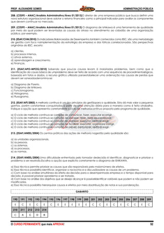 PROF. ALEXANDRE GOMES
O CURSO PERMANENTE que mais APRO
208. (CESPE – ANAC/Analista Administrativo/Área 01/2013)
nova estrutura organizacional deve adotar o retorno financeiro como o principal indicador para avaliar os componentes
que devem continuar no mercado.
209. (CESPE – ANAC/Analista Administrativo/Área 01/2013)
por meio da qual podem ser levantadas as causas do atraso no atendimento ao cidadão de uma organização
pública, por exemplo.
210. (ESAF/CVM/2010) Os Indicadores Balanceados de Desempenho,também conhecidos como BSC, são uma metodologia
de gestão com foco naimplementação da estratégia da empresa e das táticas correlacionadas. São
originárias do BSC, exceto:
a) clientes.
b) processos internos.
c) ativos externos.
d) aprendizagem e crescimento.
e) finanças.
211. (ESAF/APO-MPOG/2010) Sabendo que poucas causas levam à maioriados problemas, bem como que a
identificação da causa básica de umproblema deve ser feita de acordo com uma sequência d
baseada em fatos e dados, o recurso gráfico utilizado paraestabelecer uma ordenação nas causas de perdas que
devem ser saneadasdenomina-se:
a) Diagrama de Pareto.
b) Diagrama de Ishikawa.
c) Funcionograma.
d) Histograma.
e) Fluxograma.
212. (ESAF/AFT/2003) A melhoria contínua é um dos princípios da gestãopara a qualidade. Esta dá mais valor a pequenos
ganhos, porém constantese conquistados a partir de uma atenção diária para a maneira como é feito otrabalho.
Indique a opção que apresenta corretamente o ciclo de melhoriacontínua proposto pelo programa de qualidade.
a) O ciclo de melhoria contínua se compõe de comunicar, fazer, executar ecorrigir.
b) O ciclo de melhoria contínua se compõe de planejar, rever, fazer esupervisionar.
c) O ciclo de melhoria contínua se compõe de planejar, executar, verificar eagir.
d) O ciclo de melhoria contínua se compõe de fiscalizar, executar, organizare corrigir.
e) O ciclo de melhoria contínua se compõe de prever, comunicar, verificar eagir.
213. (ESAF/ANEEL/2004) Os centros práticos das ações de melhoria nagestão pela qualidade são:
a) as unidades organizacionais.
b) as pessoas.
c) os sistemas.
d) os processos.
e) as normas.
214. (ESAF/ANEEL/2004) Uma dificuldade enfrentada pelo tomador dedecisão
problema a ser resolvido.Escolha a opção que explicita corretamente o diagrama de ISHIKAWA.
a) Essa técnica permite priorizar as causas que são responsáveis pelo maiornúmero de efeitos.
b) Essa técnica possibilita identificar, organizar o raciocínio e a discussãosobre as causas de um problema.
c) Com base na análise simultânea do efeito da decisão para o desempenhoda empresa e o tempo disponível para
decisão, é possível priorizar oproblema a ser tratado.
d) Com base na análise dos objetivos que se deseja alcançar é possívelidentificar variáveis que podem e não podem
modificadas.
e) Essa técnica possibilita hierarquizar causas e efeitos por meio daatribuição de notas e sua ponderação.
190 191 192 193 194 195 196
E C E C E C E
210 211 212 213 214
C A C D B
ROVA!
ANAC/Analista Administrativo/Área 01/2013)O diretor de uma empresa pública que busca definir uma
nova estrutura organizacional deve adotar o retorno financeiro como o principal indicador para avaliar os componentes
ANAC/Analista Administrativo/Área 01/2013) O diagrama de Ishikawa é uma ferramenta de qualidade
por meio da qual podem ser levantadas as causas do atraso no atendimento ao cidadão de uma organização
Os Indicadores Balanceados de Desempenho,também conhecidos como BSC, são uma metodologia
de gestão com foco naimplementação da estratégia da empresa e das táticas correlacionadas. São
Sabendo que poucas causas levam à maioriados problemas, bem como que a
identificação da causa básica de umproblema deve ser feita de acordo com uma sequência d
baseada em fatos e dados, o recurso gráfico utilizado paraestabelecer uma ordenação nas causas de perdas que
A melhoria contínua é um dos princípios da gestãopara a qualidade. Esta dá mais valor a pequenos
ganhos, porém constantese conquistados a partir de uma atenção diária para a maneira como é feito otrabalho.
esenta corretamente o ciclo de melhoriacontínua proposto pelo programa de qualidade.
a) O ciclo de melhoria contínua se compõe de comunicar, fazer, executar ecorrigir.
b) O ciclo de melhoria contínua se compõe de planejar, rever, fazer esupervisionar.
O ciclo de melhoria contínua se compõe de planejar, executar, verificar eagir.
d) O ciclo de melhoria contínua se compõe de fiscalizar, executar, organizare corrigir.
e) O ciclo de melhoria contínua se compõe de prever, comunicar, verificar eagir.
Os centros práticos das ações de melhoria nagestão pela qualidade são:
Uma dificuldade enfrentada pelo tomador dedecisão é identificar, diagnosticar e priorizar o
problema a ser resolvido.Escolha a opção que explicita corretamente o diagrama de ISHIKAWA.
a) Essa técnica permite priorizar as causas que são responsáveis pelo maiornúmero de efeitos.
identificar, organizar o raciocínio e a discussãosobre as causas de um problema.
c) Com base na análise simultânea do efeito da decisão para o desempenhoda empresa e o tempo disponível para
decisão, é possível priorizar oproblema a ser tratado.
e na análise dos objetivos que se deseja alcançar é possívelidentificar variáveis que podem e não podem
e) Essa técnica possibilita hierarquizar causas e efeitos por meio daatribuição de notas e sua ponderação.
GABARITO
196 197 198 199 200 201 202 203 204
E E E E C C E C
ADMINISTRAÇÃO PÚBLICA
92
O diretor de uma empresa pública que busca definir uma
nova estrutura organizacional deve adotar o retorno financeiro como o principal indicador para avaliar os componentes
O diagrama de Ishikawa é uma ferramenta de qualidade
por meio da qual podem ser levantadas as causas do atraso no atendimento ao cidadão de uma organização
Os Indicadores Balanceados de Desempenho,também conhecidos como BSC, são uma metodologia
de gestão com foco naimplementação da estratégia da empresa e das táticas correlacionadas. São perspectivas
Sabendo que poucas causas levam à maioriados problemas, bem como que a
identificação da causa básica de umproblema deve ser feita de acordo com uma sequência de procedimentoslógicos,
baseada em fatos e dados, o recurso gráfico utilizado paraestabelecer uma ordenação nas causas de perdas que
A melhoria contínua é um dos princípios da gestãopara a qualidade. Esta dá mais valor a pequenos
ganhos, porém constantese conquistados a partir de uma atenção diária para a maneira como é feito otrabalho.
esenta corretamente o ciclo de melhoriacontínua proposto pelo programa de qualidade.
Os centros práticos das ações de melhoria nagestão pela qualidade são:
é identificar, diagnosticar e priorizar o
problema a ser resolvido.Escolha a opção que explicita corretamente o diagrama de ISHIKAWA.
a) Essa técnica permite priorizar as causas que são responsáveis pelo maiornúmero de efeitos.
identificar, organizar o raciocínio e a discussãosobre as causas de um problema.
c) Com base na análise simultânea do efeito da decisão para o desempenhoda empresa e o tempo disponível para
e na análise dos objetivos que se deseja alcançar é possívelidentificar variáveis que podem e não podem ser
e) Essa técnica possibilita hierarquizar causas e efeitos por meio daatribuição de notas e sua ponderação.
205 206 207 208 209
E C C E C
 