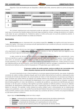 PROF. ALEXANDRE GOMES
O CURSO PERMANENTE que mais APRO
Segundo o Guia de Simplificação do Gespública, utilizado pela União, devemos aplicar os pontos da s
maneira:
Pontos Gravidade
5
Os prejuízos ou dificuldades são
extremamente graves
3
Os prejuízos ou dificuldades são
graves
1
Os prejuízos ou dificuldades não
são graves
No contexto organizacional, esta ferramenta pode ser aplicada à análise e melhoria de processos. Vamos
supor que um processo de trabalho esteja enfrentando alguns problemas: atrasos, entrega de produtos com defeito,
custo maior do que o planejado etc. Poderemos aplicar a matri
matriz GUT pode ser utilizada também na análise de ambiente.
Benchmarking
Benchmarking para os Japoneses têm uma palavra específica:
"melhor do melhor", com base num processo de alto aprimoramento que consiste em procurar, encontrar e superar
os pontos fortes dos concorrentes.
Trata-se de uma técnica por meio da qual a
uma organização procura imitar outras organizações
outros, que façam algo de maneira particularmente bem
A idéia central da técnica do benchmarking é a
forma de identificar e ganhar vantagens competitivas
visto como um processo positivo e pró
função específica a fim de melhorar como realizar a mesma ou uma fun
das melhores práticas da administração, como forma de identificar e ganhar vantagens comparativas. Esta é outra
ferramenta da melhoria contínua. Ela foi introduzida em 1979 pela Xerox, que a define como:
O process
fortes e daquelas empresas que são reconhecidas como líderes empresariais.
Um ponto importante é que o benchmarking é um processo gerencial permanente, que requer atualização
constante da coleta e análise cuidadosa daquilo que há de melhor externamente em práticas e desempenho para
as funções de tomada de decisões e de comunicações em todos os níveis da empresa. Um processo que obriga ao
teste constante das ações internas em relação
usar o benchmarking é como um parâmetro de desempenho com o qual a empresa pode se comparar. A palavra
benchmarking significa um marco de referência, um padrão de excelência, que precisa ser
de base ou de alvo para a mudança. Não significa que serão copiadas as melhores práticas, mas que se utilizarão
indicadores de desempenho padronizados para que a organização possa comparar seu desempenho com o de
líderes no mercado. Por exemplo, muitas carreiras do serviço público usam a remuneração de um determinado
cargo como parâmetro, como o de Auditor Fiscal da Receita Federal. Este será o benchmark. Se a remuneração dos
fiscais aumenta, diversas outras carreiras vão lutar pel
ou até mesmo diminuir a distância.
Alguns tipos de benchmarking podem ser vistos a seguir:
• Interno – comparação de atividades entre unidades operacionais da própria organização;
• Competitivo – comparação de atividades com os concorrentes diretos do setor;
• Funcional – comparação de atividades com organizações em outros setores;
• Genérico – Prospecção de melhores práticas em organizações de diversos setores
ROVA!
Segundo o Guia de Simplificação do Gespública, utilizado pela União, devemos aplicar os pontos da s
Urgência
Os prejuízos ou dificuldades são
É necessária uma ação imediata
Se nada dor feito, haverá um
grande e imediato agravamento
do problema
Os prejuízos ou dificuldades são É necessária uma ação o mais
cedo possível
Se nada dor feito, haverá um
agravamento em médio prazo
Os prejuízos ou dificuldades não
Não há pressa de agir
Se nada dor feito, não haverá
agravamento, podendo até
melhorar.
ional, esta ferramenta pode ser aplicada à análise e melhoria de processos. Vamos
supor que um processo de trabalho esteja enfrentando alguns problemas: atrasos, entrega de produtos com defeito,
custo maior do que o planejado etc. Poderemos aplicar a matriz acima para ver qual dos problemas priorizar. A
matriz GUT pode ser utilizada também na análise de ambiente.
para os Japoneses têm uma palavra específica: dantotsu. Isso significa lutar para tornar
base num processo de alto aprimoramento que consiste em procurar, encontrar e superar
se de uma técnica por meio da qual a organização compara seu desempenho com o de outra
tras organizações, concorrentes ou não, do mesmo ramo de negócios ou de
outros, que façam algo de maneira particularmente bem-feita.
A idéia central da técnica do benchmarking é a busca das melhores práticas
ganhar vantagens competitivas que conduzem ao desempenho superior. O benchmarking é
visto como um processo positivo e pró-ativo por meio do qual uma empresa examina como outra realiza uma
função específica a fim de melhorar como realizar a mesma ou uma função semelhante. A ideia central é a busca
das melhores práticas da administração, como forma de identificar e ganhar vantagens comparativas. Esta é outra
ferramenta da melhoria contínua. Ela foi introduzida em 1979 pela Xerox, que a define como:
O processo contínuo de avaliar produtos, serviços e práticas dos concorrentes mais
fortes e daquelas empresas que são reconhecidas como líderes empresariais.
Um ponto importante é que o benchmarking é um processo gerencial permanente, que requer atualização
nte da coleta e análise cuidadosa daquilo que há de melhor externamente em práticas e desempenho para
as funções de tomada de decisões e de comunicações em todos os níveis da empresa. Um processo que obriga ao
teste constante das ações internas em relação aos padrões externos das práticas da indústria. Outra forma de se
usar o benchmarking é como um parâmetro de desempenho com o qual a empresa pode se comparar. A palavra
benchmarking significa um marco de referência, um padrão de excelência, que precisa ser
de base ou de alvo para a mudança. Não significa que serão copiadas as melhores práticas, mas que se utilizarão
indicadores de desempenho padronizados para que a organização possa comparar seu desempenho com o de
o. Por exemplo, muitas carreiras do serviço público usam a remuneração de um determinado
cargo como parâmetro, como o de Auditor Fiscal da Receita Federal. Este será o benchmark. Se a remuneração dos
fiscais aumenta, diversas outras carreiras vão lutar pelos seus aumentos de forma a manter uma proporcionalidade,
podem ser vistos a seguir:
comparação de atividades entre unidades operacionais da própria organização;
paração de atividades com os concorrentes diretos do setor;
comparação de atividades com organizações em outros setores;
Prospecção de melhores práticas em organizações de diversos setores
ADMINISTRAÇÃO PÚBLICA
97
Segundo o Guia de Simplificação do Gespública, utilizado pela União, devemos aplicar os pontos da seguinte
Tendência
Se nada dor feito, haverá um
grande e imediato agravamento
do problema
Se nada dor feito, haverá um
agravamento em médio prazo
Se nada dor feito, não haverá
agravamento, podendo até
melhorar.
ional, esta ferramenta pode ser aplicada à análise e melhoria de processos. Vamos
supor que um processo de trabalho esteja enfrentando alguns problemas: atrasos, entrega de produtos com defeito,
z acima para ver qual dos problemas priorizar. A
. Isso significa lutar para tornar-se o
base num processo de alto aprimoramento que consiste em procurar, encontrar e superar
organização compara seu desempenho com o de outra. Assim,
, concorrentes ou não, do mesmo ramo de negócios ou de
busca das melhores práticas da administração, como
que conduzem ao desempenho superior. O benchmarking é
ativo por meio do qual uma empresa examina como outra realiza uma
ção semelhante. A ideia central é a busca
das melhores práticas da administração, como forma de identificar e ganhar vantagens comparativas. Esta é outra
ferramenta da melhoria contínua. Ela foi introduzida em 1979 pela Xerox, que a define como:
o contínuo de avaliar produtos, serviços e práticas dos concorrentes mais
fortes e daquelas empresas que são reconhecidas como líderes empresariais.
Um ponto importante é que o benchmarking é um processo gerencial permanente, que requer atualização
nte da coleta e análise cuidadosa daquilo que há de melhor externamente em práticas e desempenho para
as funções de tomada de decisões e de comunicações em todos os níveis da empresa. Um processo que obriga ao
aos padrões externos das práticas da indústria. Outra forma de se
usar o benchmarking é como um parâmetro de desempenho com o qual a empresa pode se comparar. A palavra
benchmarking significa um marco de referência, um padrão de excelência, que precisa ser identificado para servir
de base ou de alvo para a mudança. Não significa que serão copiadas as melhores práticas, mas que se utilizarão
indicadores de desempenho padronizados para que a organização possa comparar seu desempenho com o de
o. Por exemplo, muitas carreiras do serviço público usam a remuneração de um determinado
cargo como parâmetro, como o de Auditor Fiscal da Receita Federal. Este será o benchmark. Se a remuneração dos
os seus aumentos de forma a manter uma proporcionalidade,
comparação de atividades entre unidades operacionais da própria organização;
paração de atividades com os concorrentes diretos do setor;
comparação de atividades com organizações em outros setores;
Prospecção de melhores práticas em organizações de diversos setores.
 